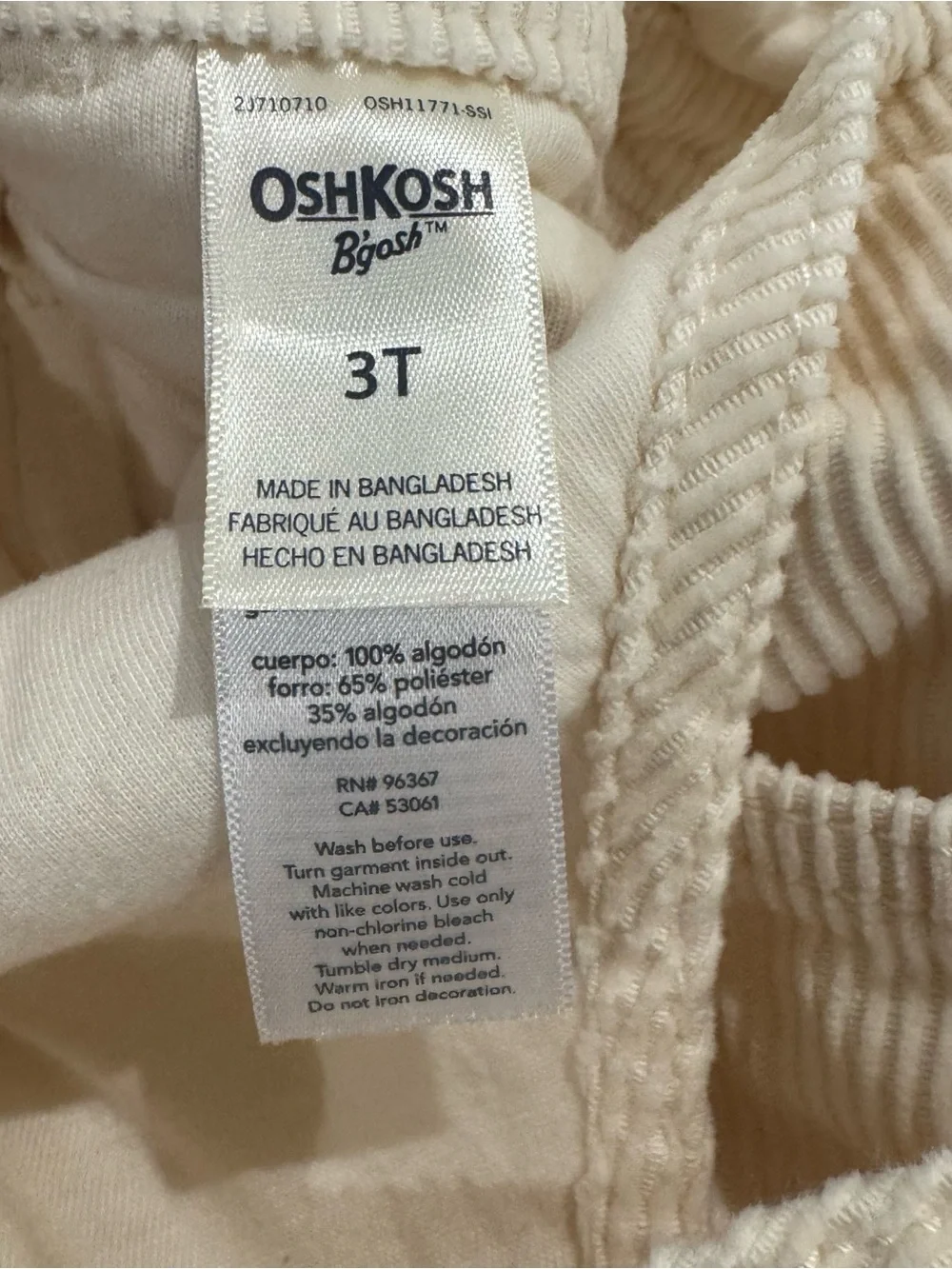 OshKosh B’gosh Vestbak Overalls 3T Cream Ivory Corduroy Bib Toddler Kids